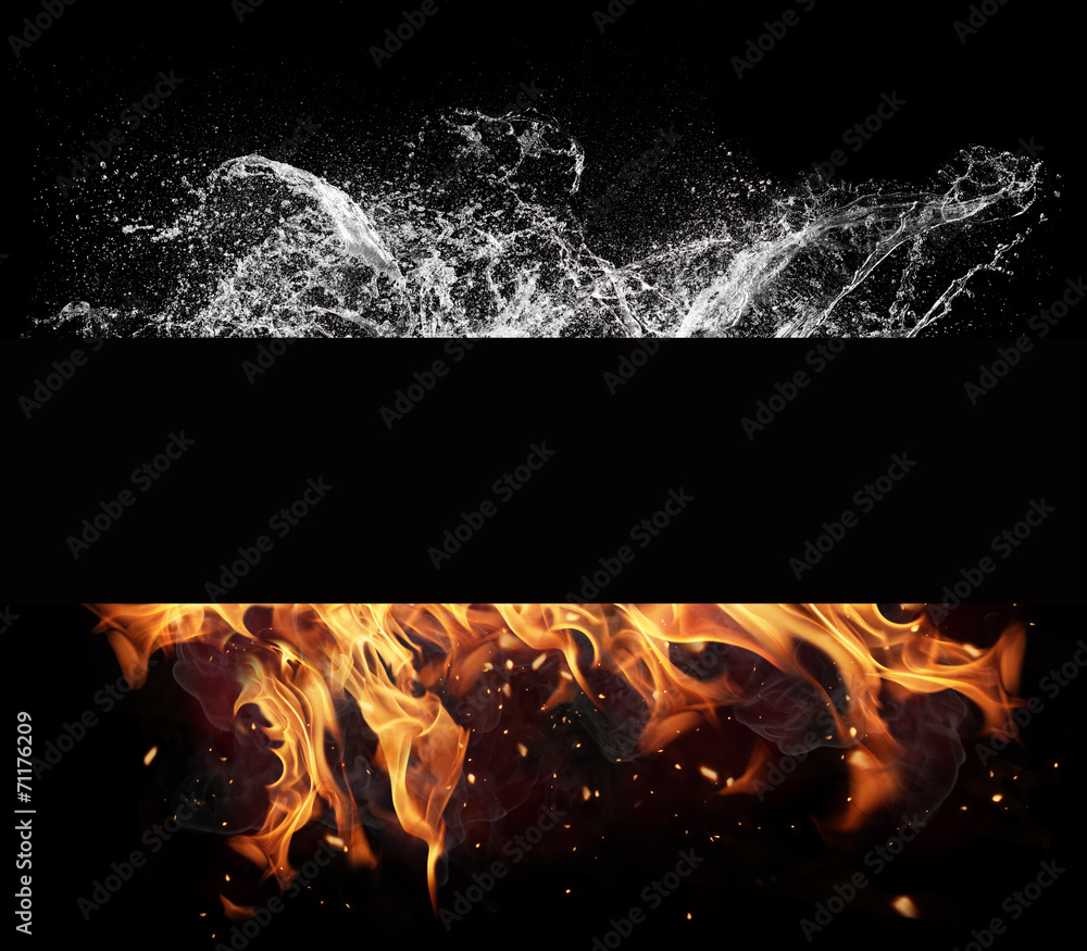 黑色背景上的火和水元素