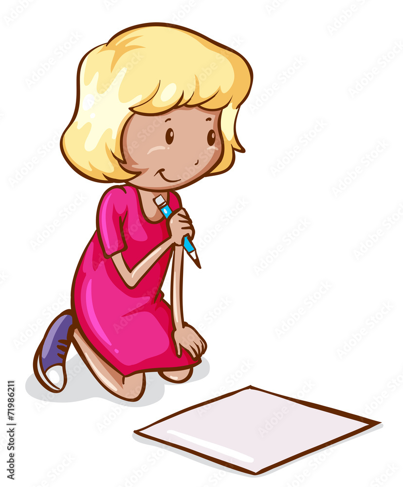 一幅女孩阅读和写作的彩色图画