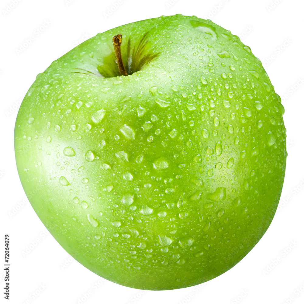 绿色苹果，白色背景下有水滴隔离