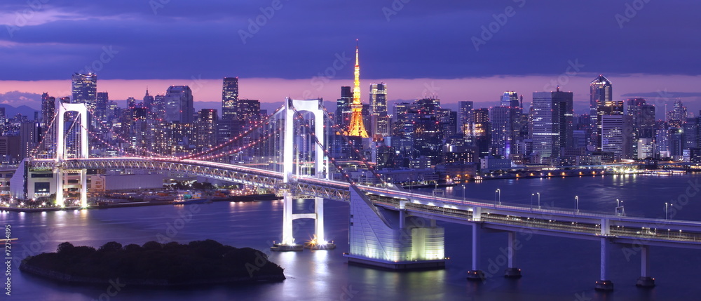 东京湾、彩虹桥和东京塔的景观，e中东京的美丽氛围