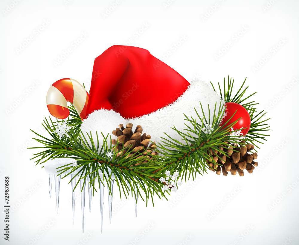 圣诞老人帽、圣诞树和松果矢量