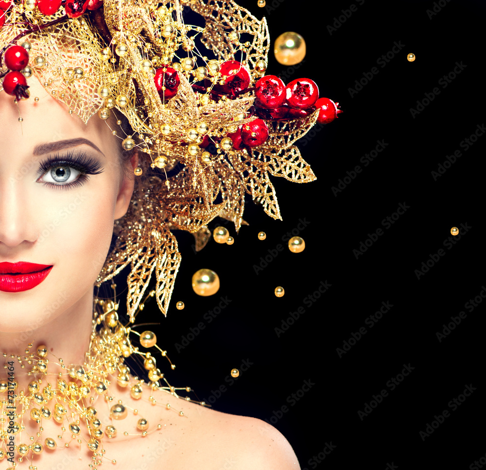 Christmas winter fashion model girl with golden hairstyle