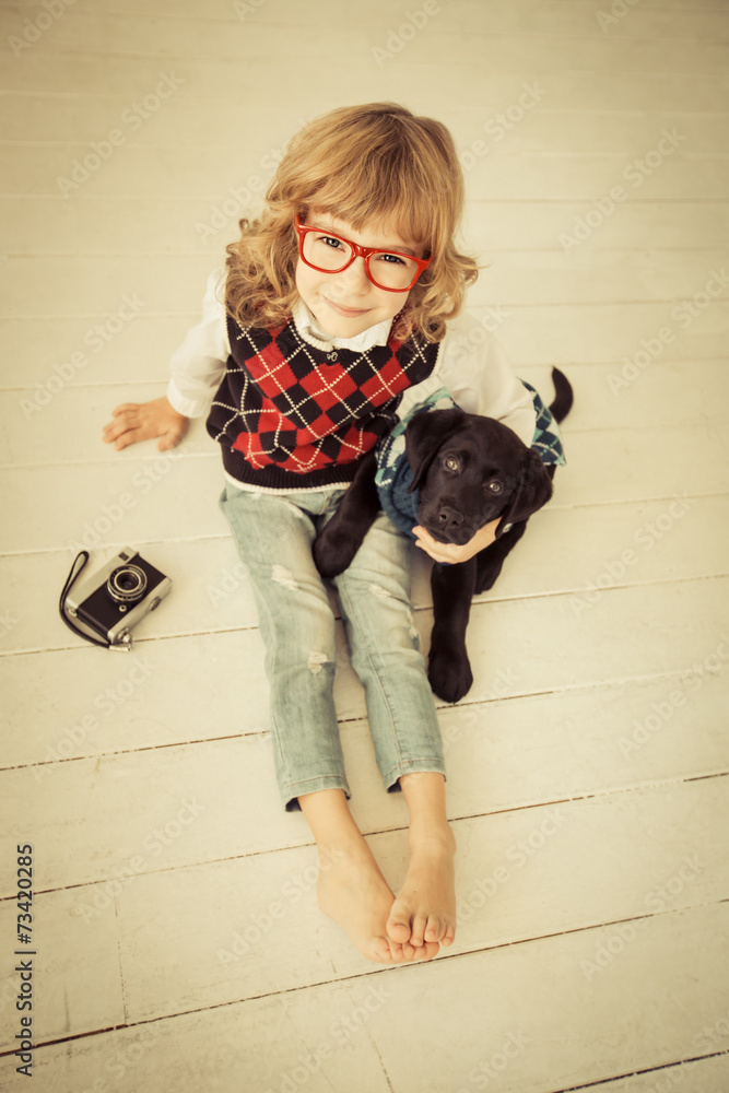 Hipster kid and dog