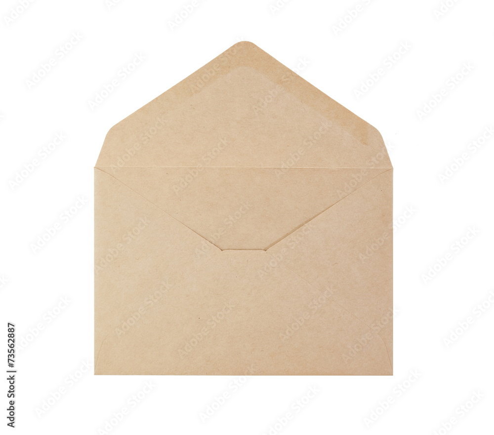 白色背景上隔离的打开棕色纸信封