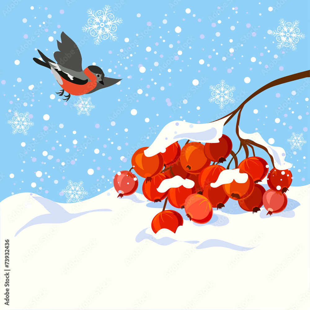 罗望子和鸟的树枝的冬季插图