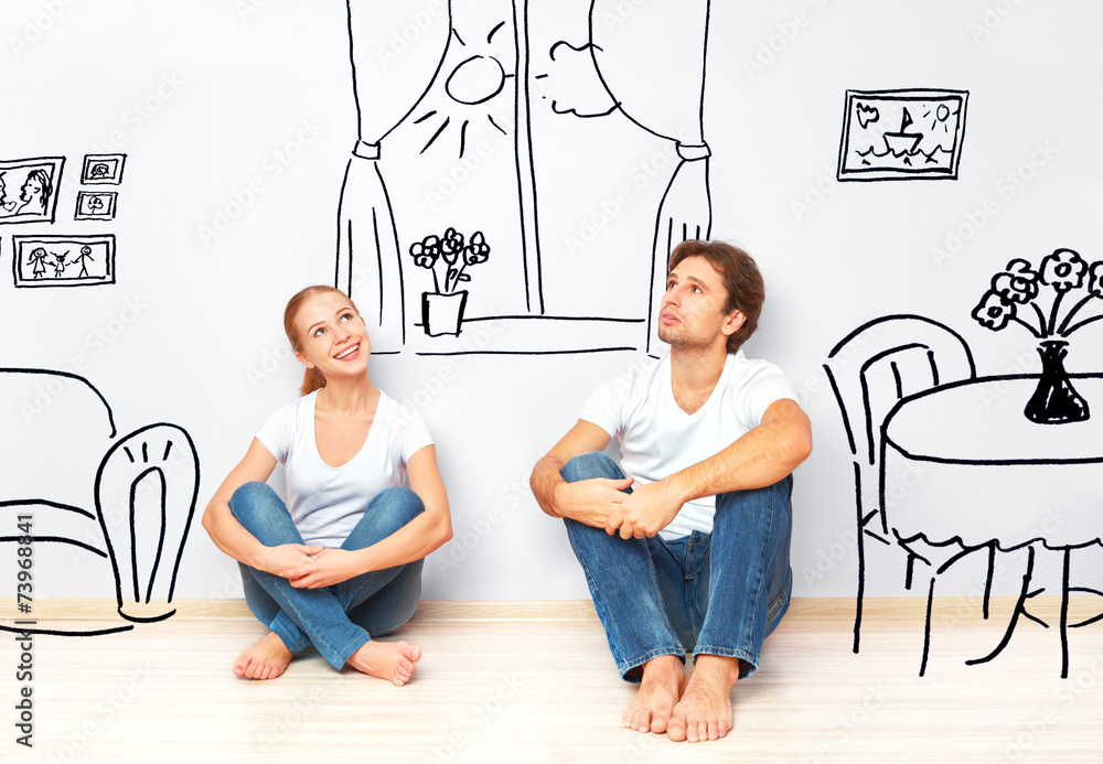 概念：幸福夫妇在新公寓的梦想和室内规划