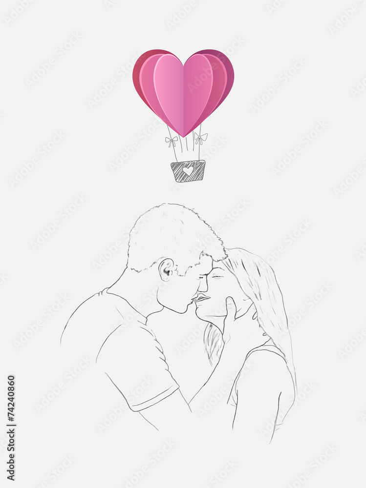 用热气球亲吻情侣的素描