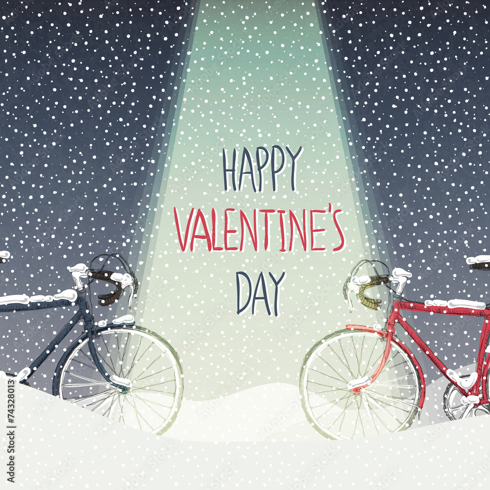 情人节贺卡。雪地自行车，平静的冬季场景
