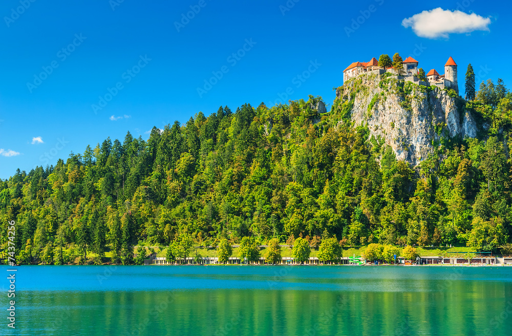 欧洲斯洛文尼亚布莱德湖和城堡的壮丽全景