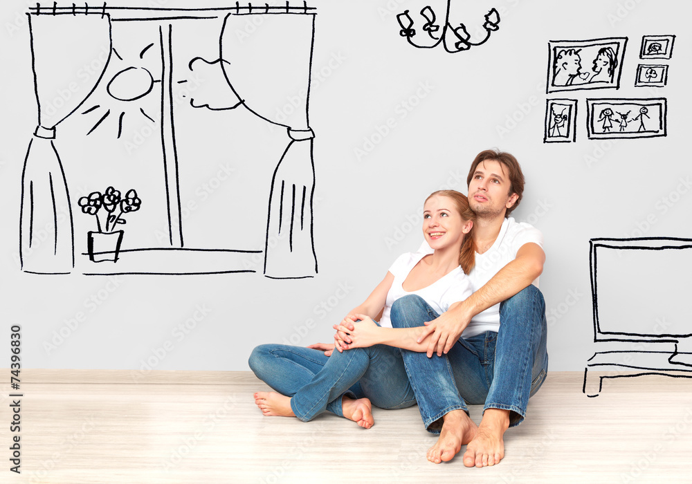 Concept : happy couple in  apartment dream and plan interior