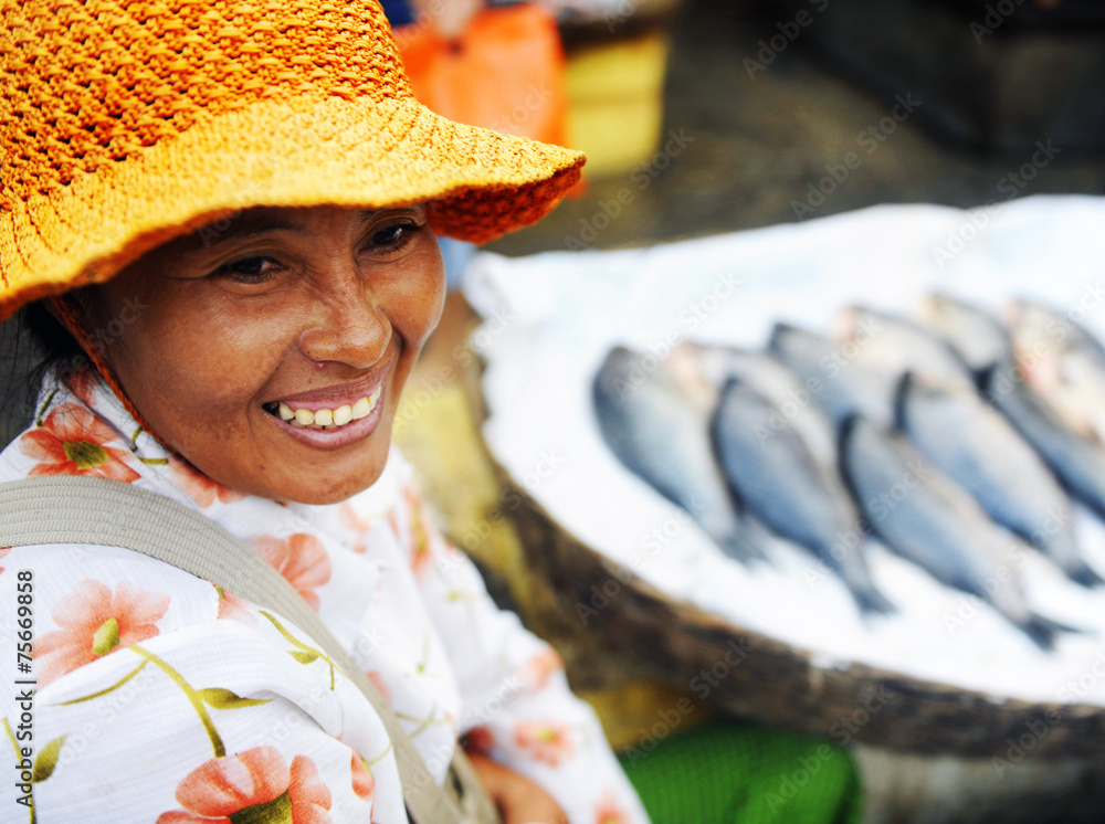 柬埔寨土著妇女卖鱼概念