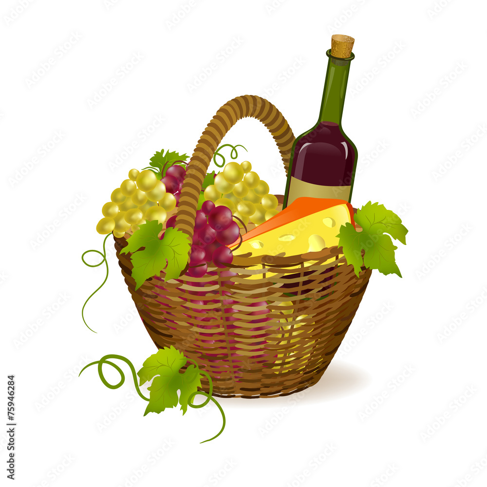 装有葡萄酒产品的柳条篮