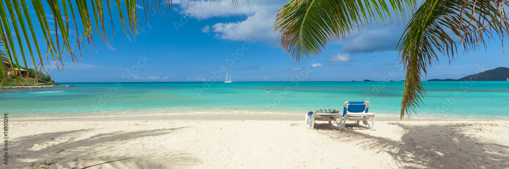 热带白色沙滩背景，加勒比海岛屿，海滩上炎热的夏日