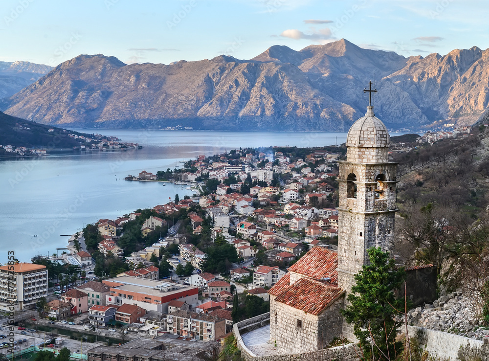 The view over Kotor, Montenegro, the old church, the bay and the