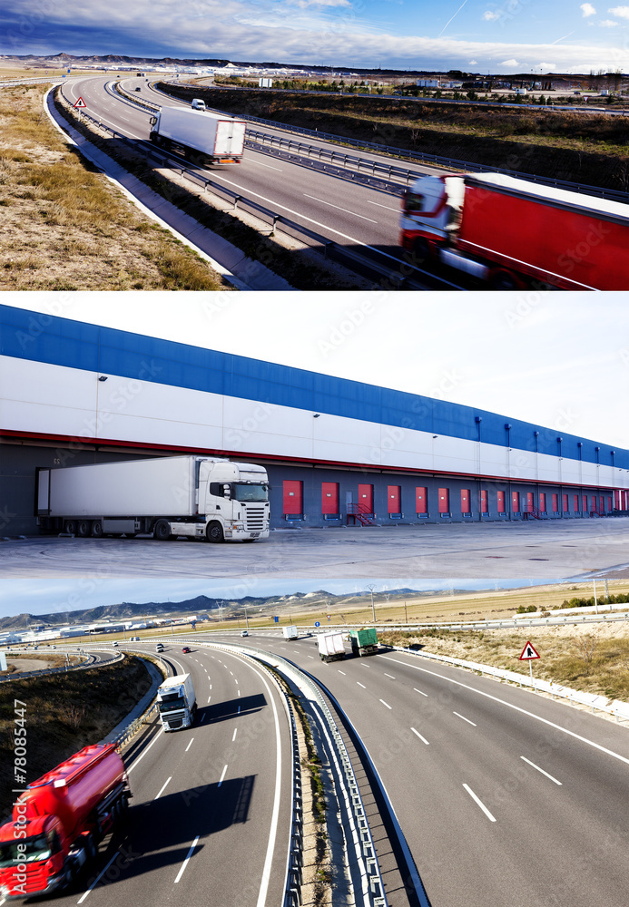 Camiones y transporte. Carreteras y entrega de mercancía.almacén