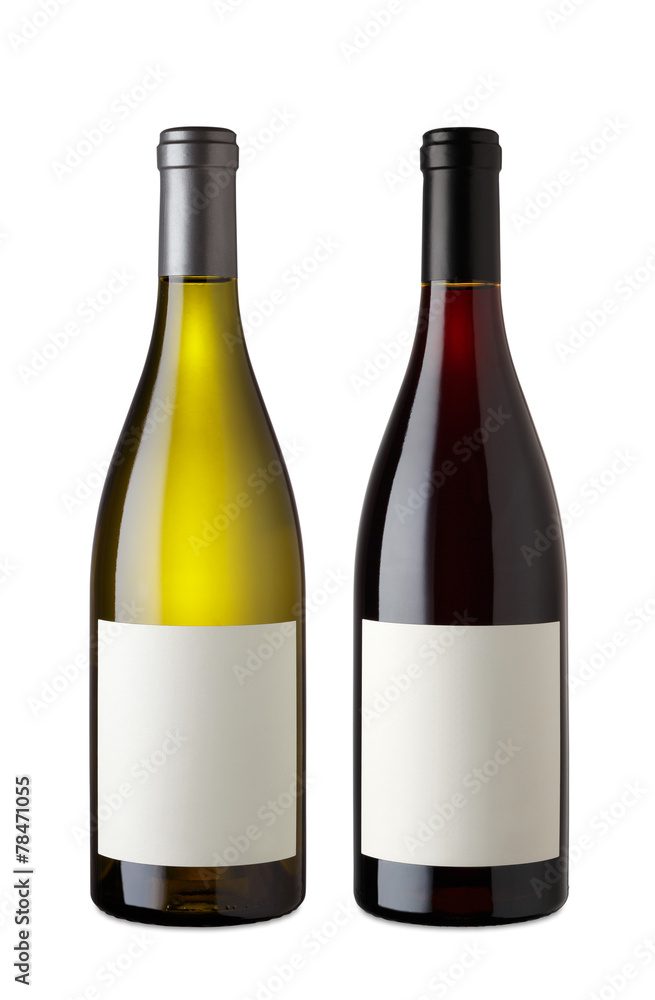 一瓶带修剪路径的红酒和白葡萄酒