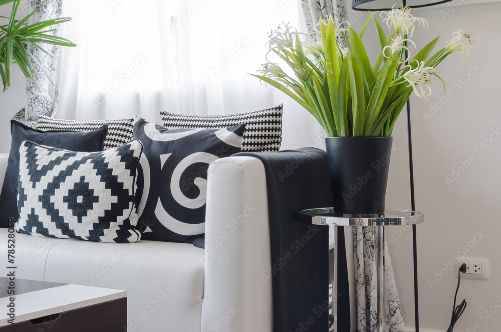 白色沙发上的黑白枕头，花瓶里的植物