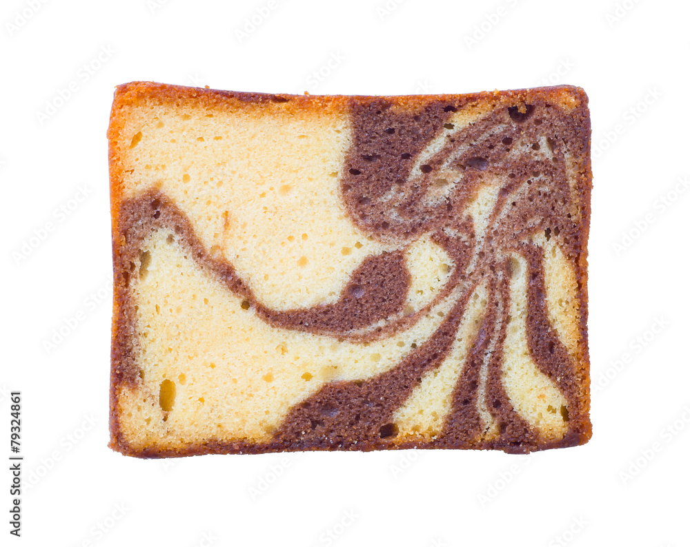 Chocolated and yellow butter marble cake on white background