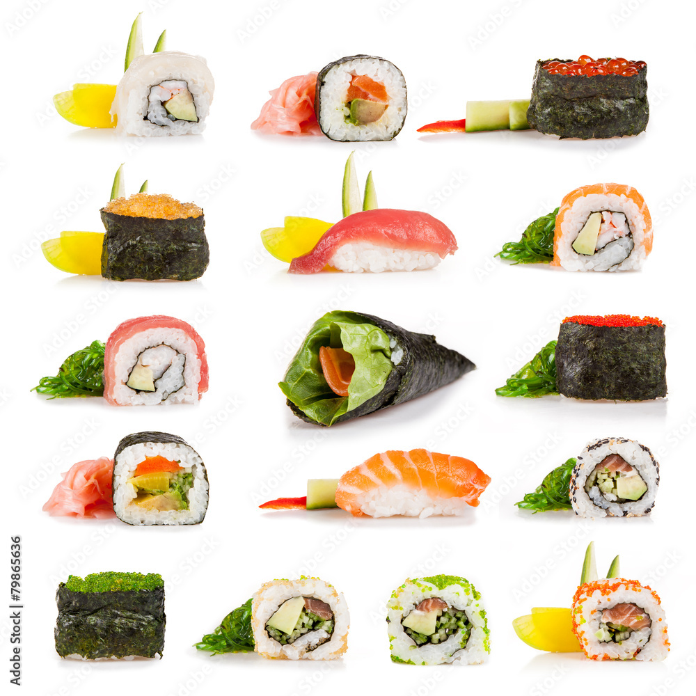 白色隔离的寿司单品系列