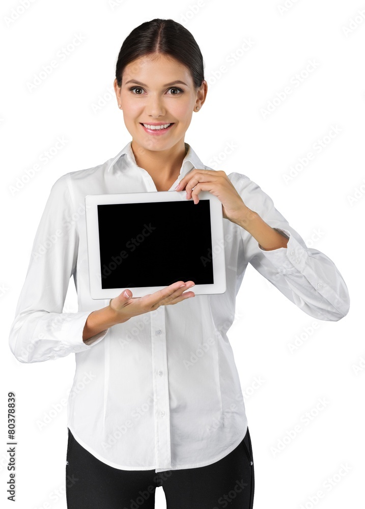 Analysis. business concept - businesswoman showing tablet pc