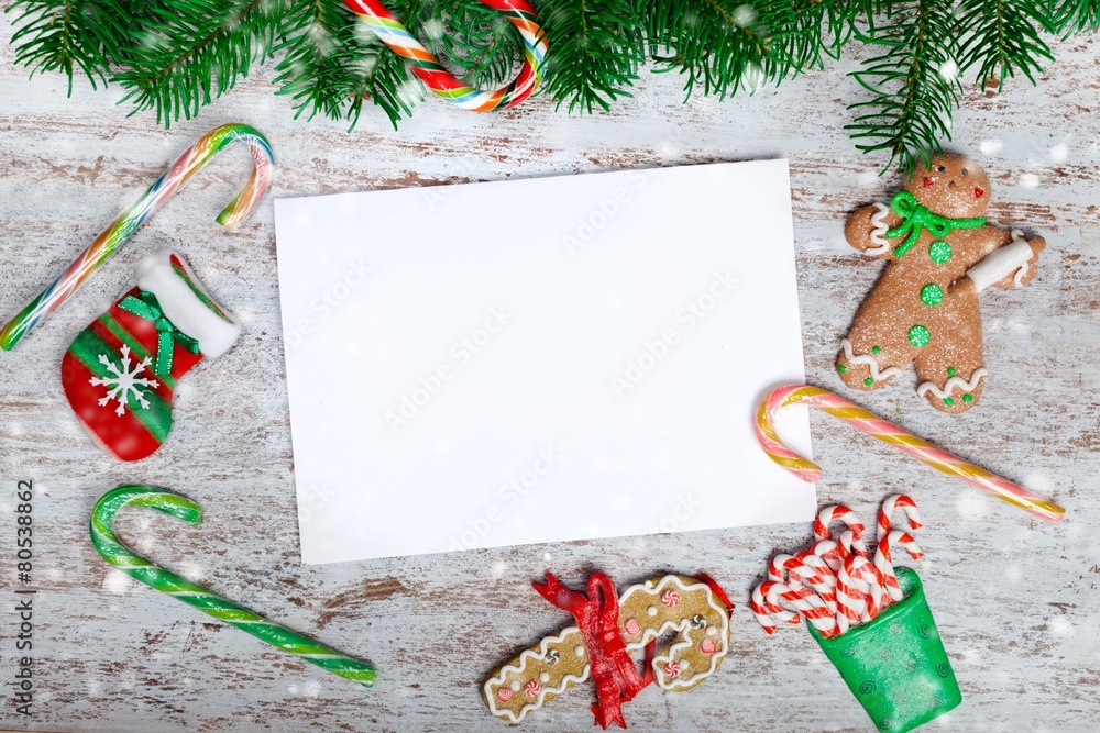 Photo. Blank christmas greeting card with fir tree and decor