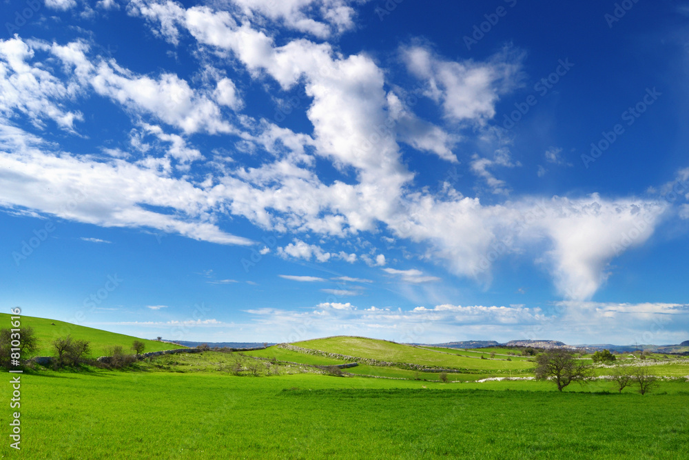 Belle colline verdi con nuvole nel cielo azzurro