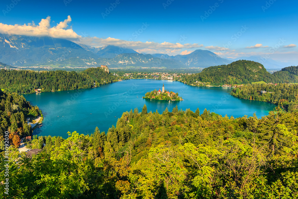 令人惊叹的Bled湖全景，斯洛文尼亚，欧洲