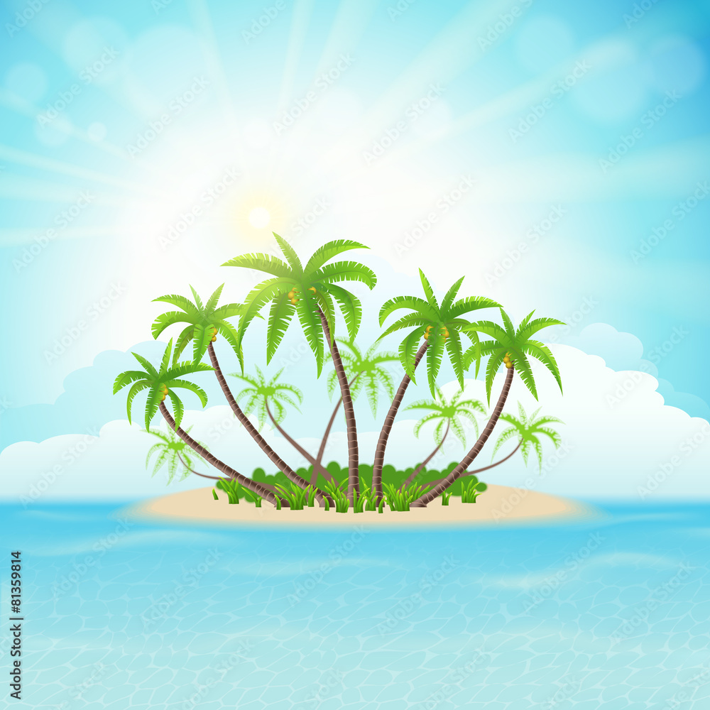 有棕榈树、天空、云朵和太阳的热带岛屿