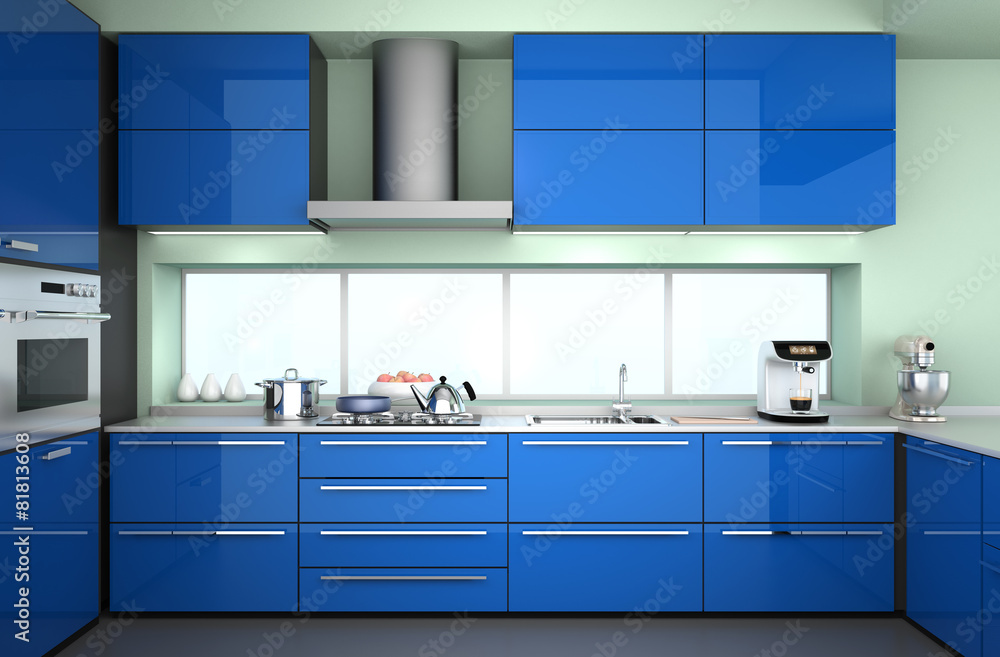 以蓝色为主题的现代厨房内部正视图。
