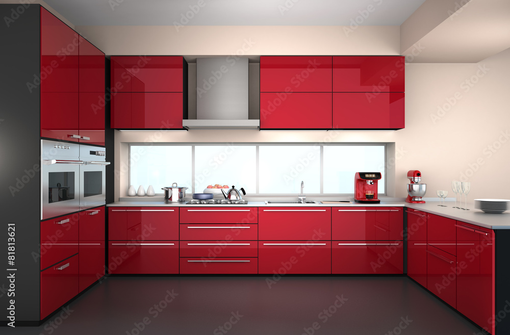 Modern kitchen interior in red color theme.