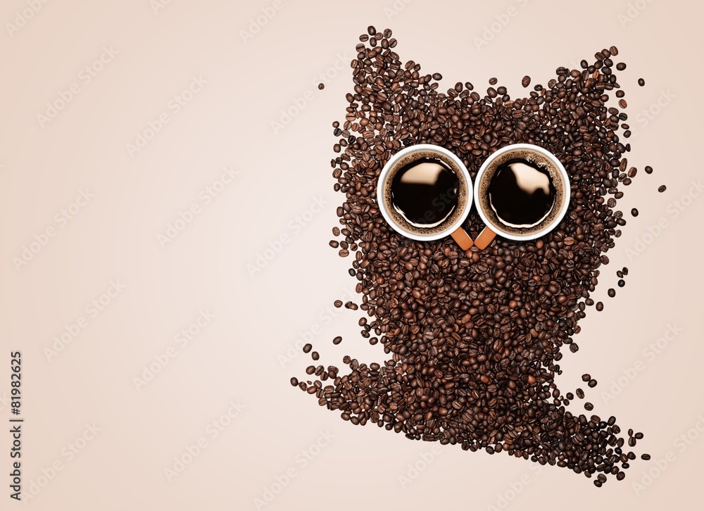 猫头鹰。用咖啡豆和杯子做成的概念猫头鹰