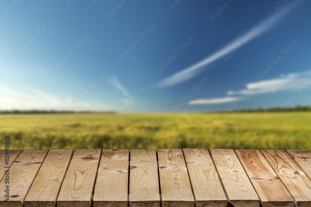 Wooden. Wooden table. Spring design with pine forest and empty