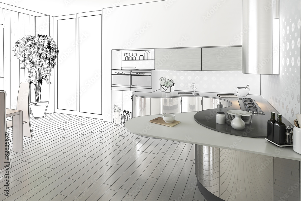 Küchendesign (Zeichnung) - 3D-Entwurf einer  Küche