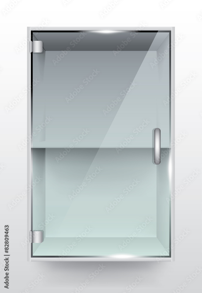 Empty glass cabinet with on wall, vector