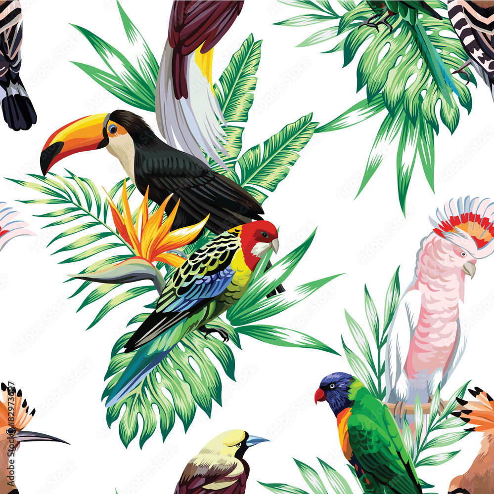热带鸟类和棕榈叶图案