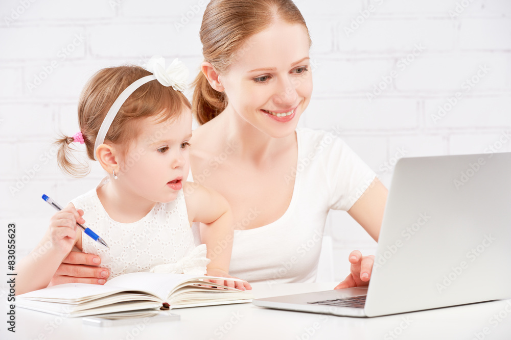幸福的家庭母亲和孩子在家里用电脑工作
