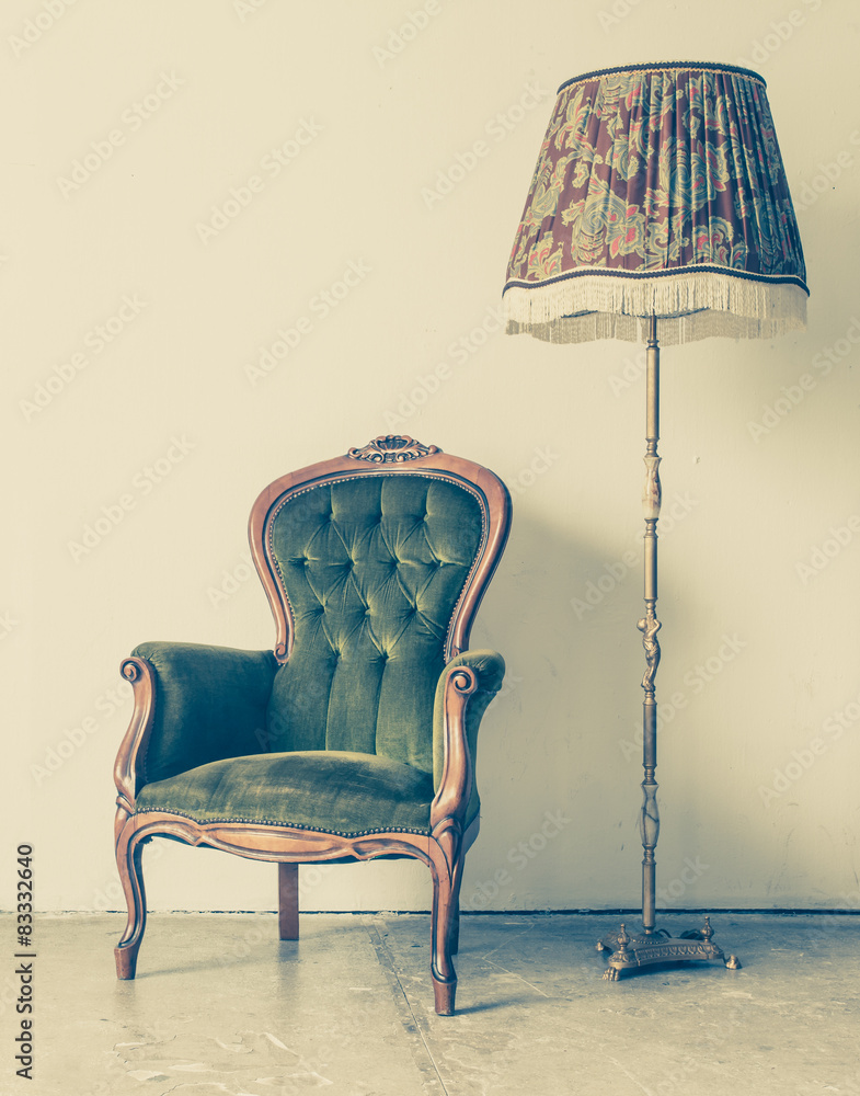 Vintage and antique chair with white wall background