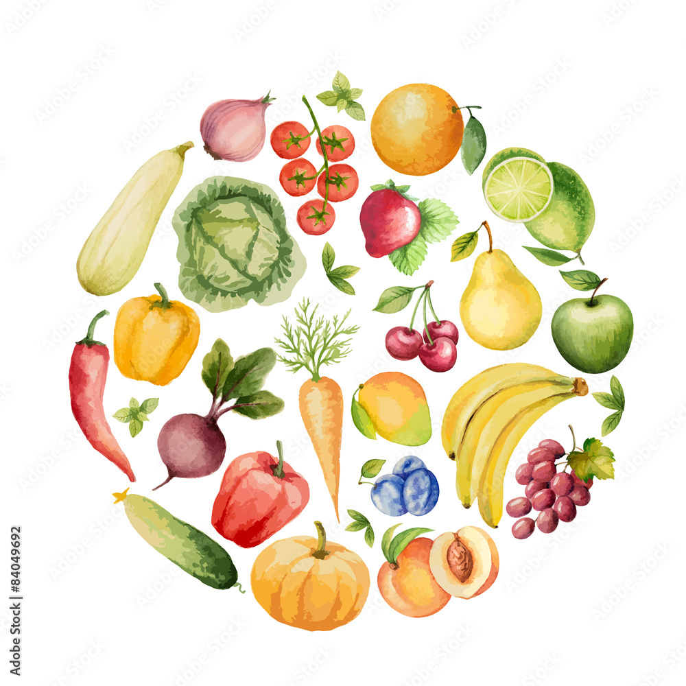 一套水彩蔬菜和水果。