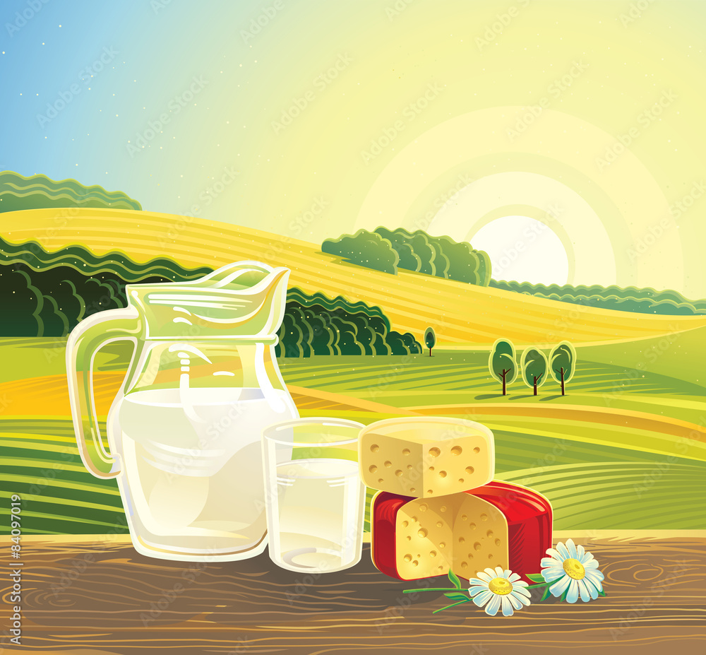 Countryside landscape with set of milk products.