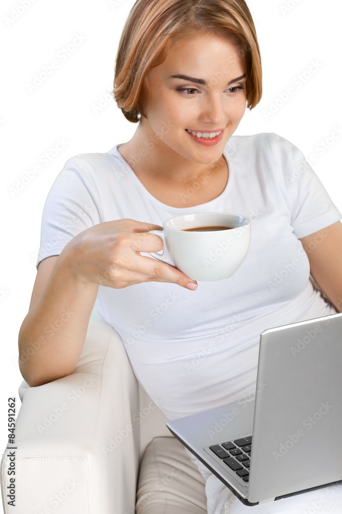女人，咖啡，笔记本电脑。