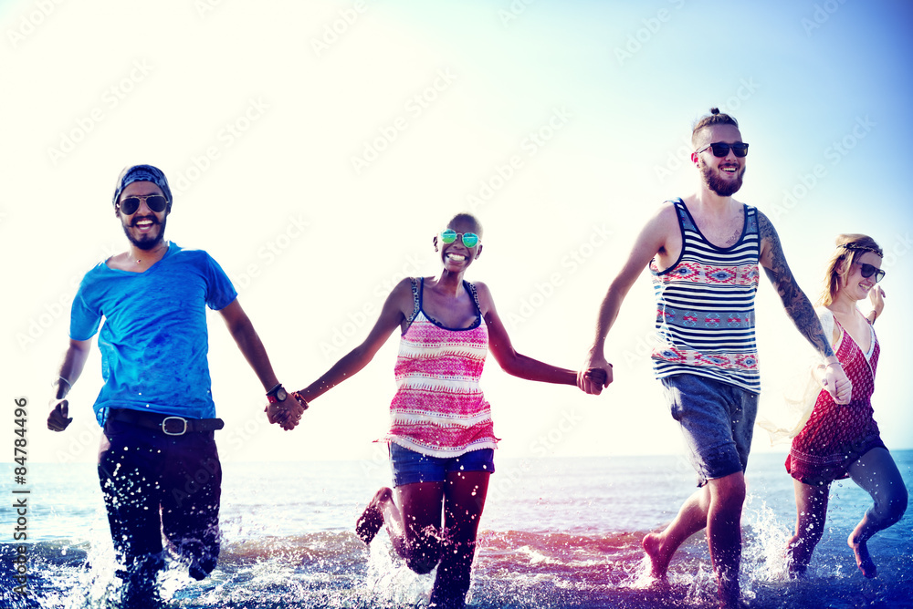 Diverse Beach Summer Friends Fun Running Concept