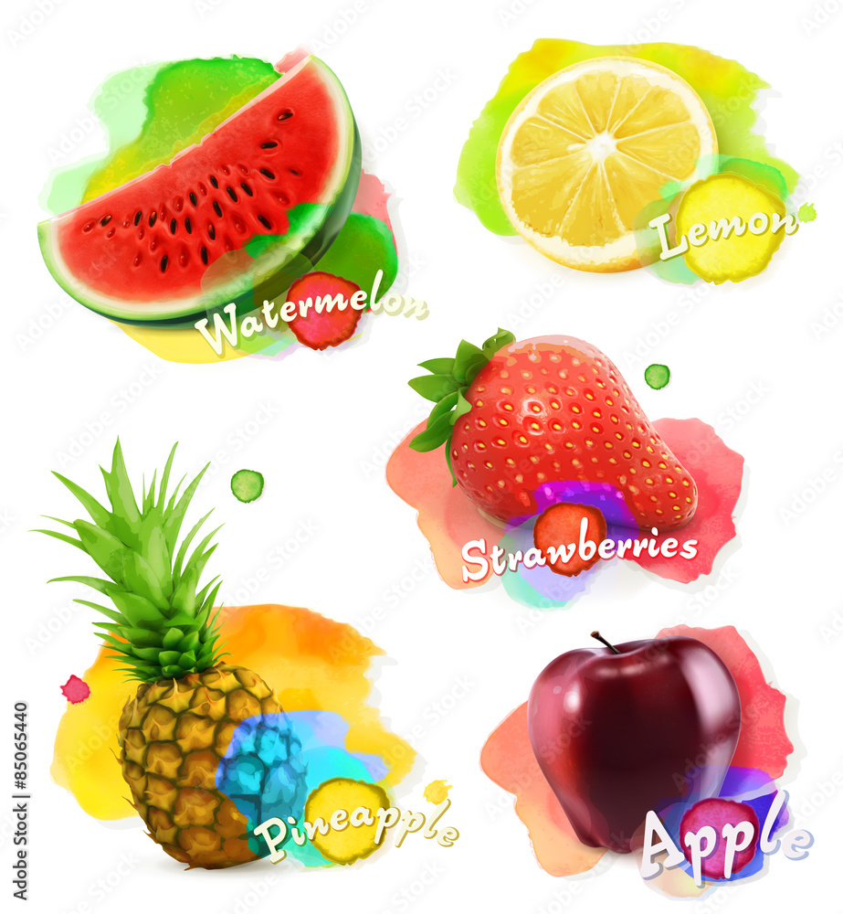 水果和浆果水彩，矢量插图集