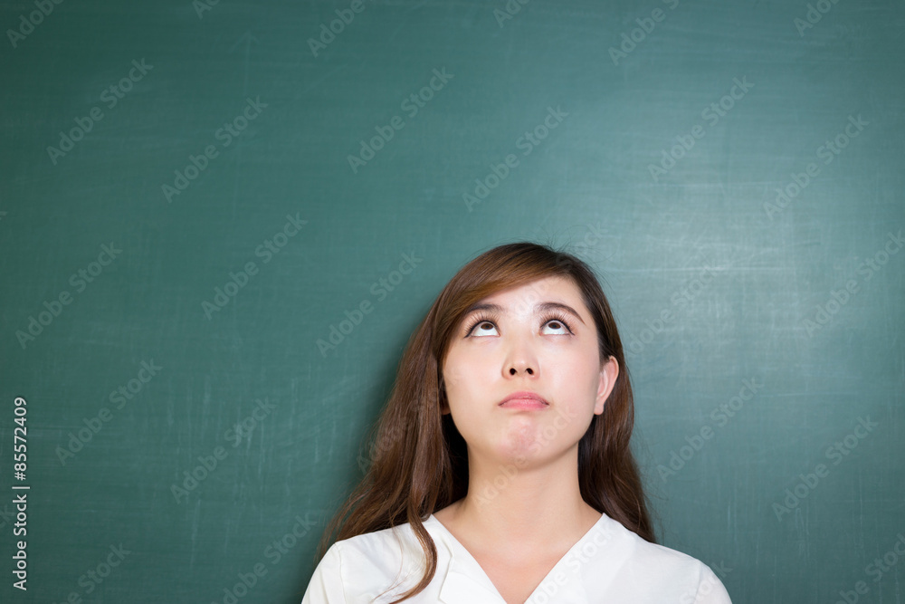 Asian beautiful woman standing in front of blackboard with gesture