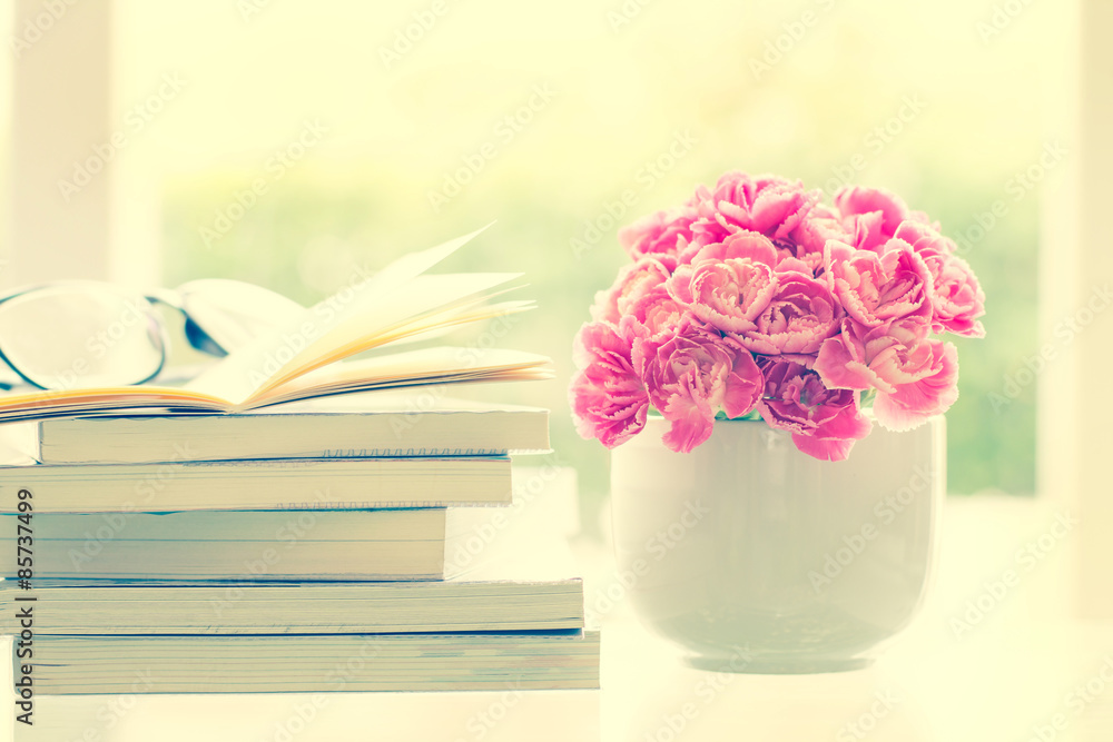 带书本背景的鲜粉色康乃馨花