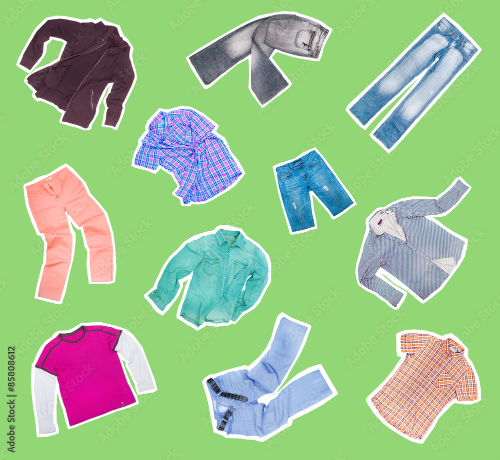 collection of clothes on a green background