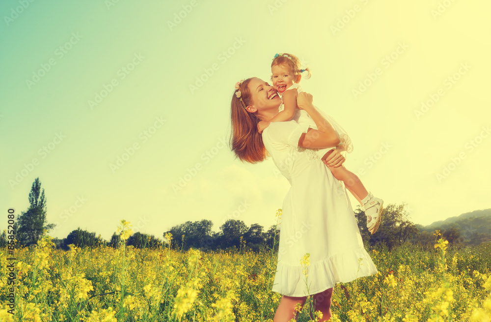 幸福的家庭，母亲和小女儿在夏天的草地上