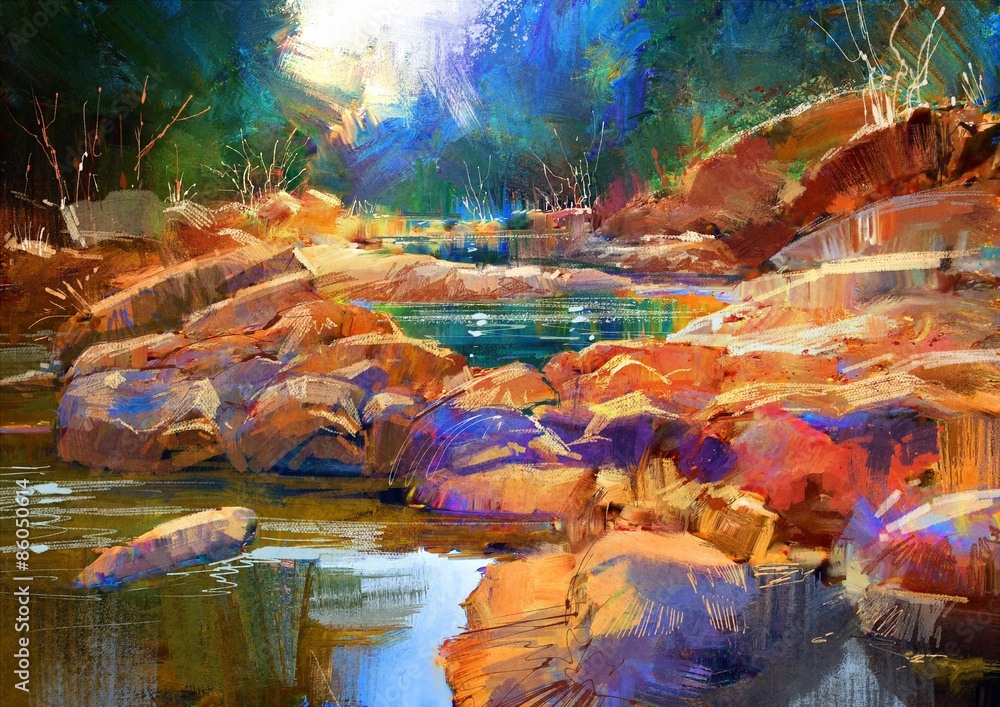 秋天森林中彩色石头的美丽秋天河流线条，数字绘画
