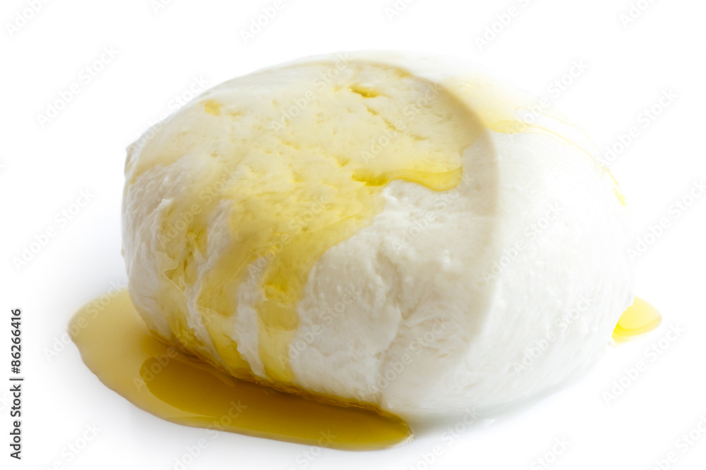 Single ball of mozzarella cheese covered with oil, isolated.