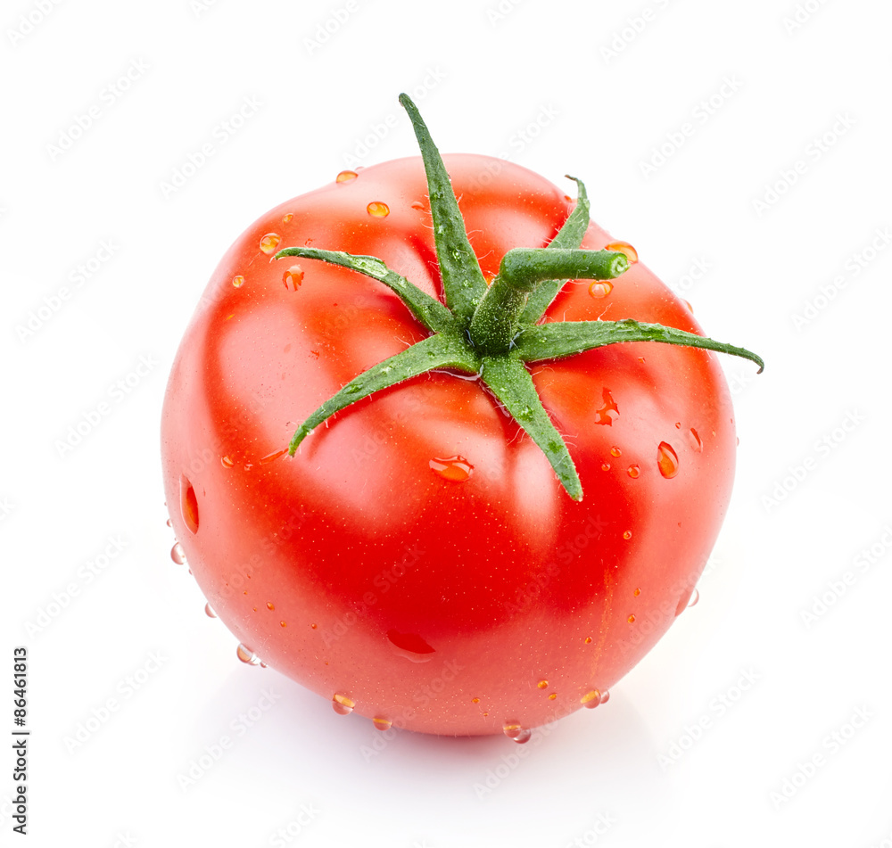 新鲜的红色番茄，在白色背景上分离出水滴