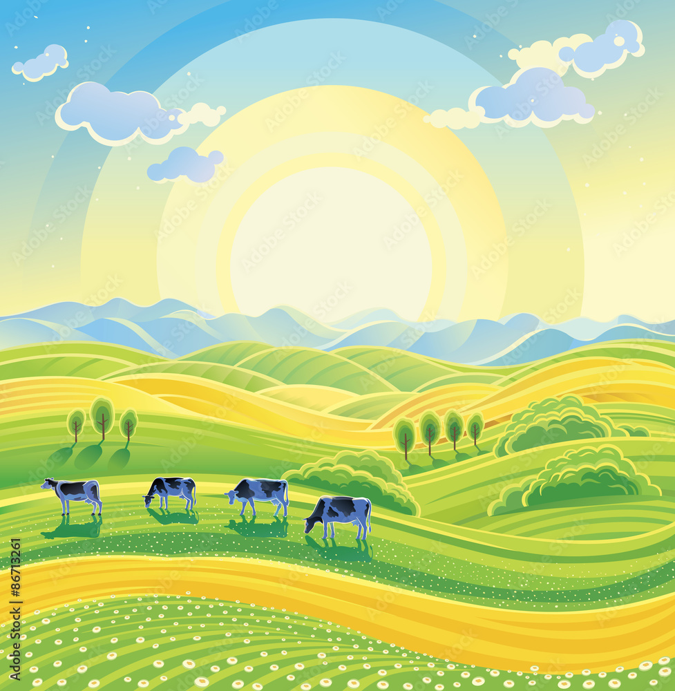 阳光明媚的夏季景观和草地上的牛群。矢量插图。